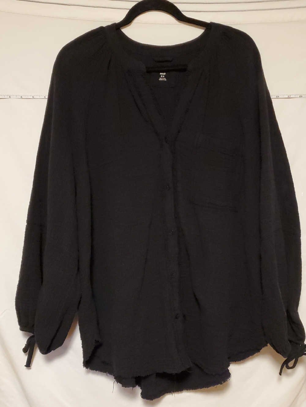 Aerie Raw Edge Double Gauze Black Button Up Top Swim Cover Oversized Med